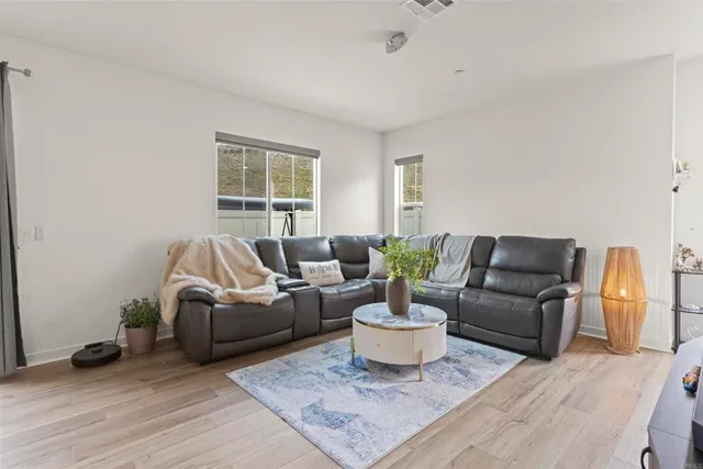 a living room with furniture and a potted plant