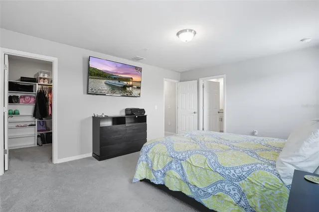 a bedroom with a bed and a television