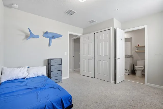 a bedroom with a bed and a walk in closet