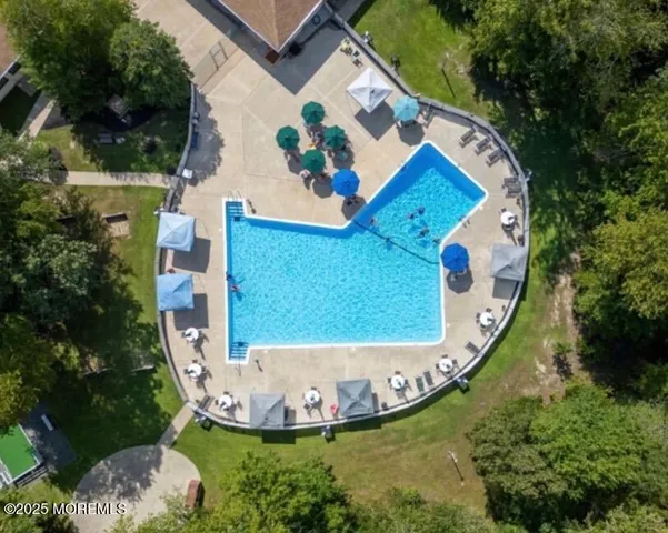 a view of a swimming pool with lawn chairs and plants