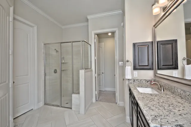a bathroom with a granite countertop sink a mirror and shower