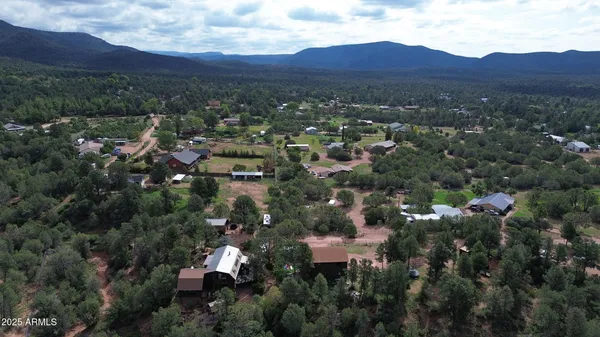 a view of a lush green field with mountains in the background
