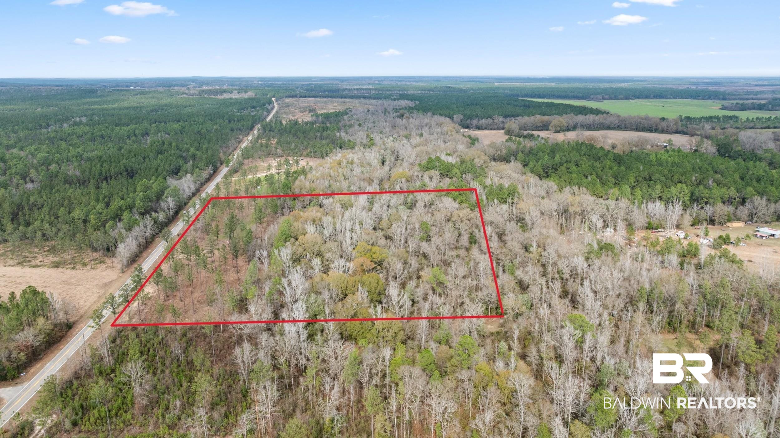 0 Lottie Road Atmore, AL 36502 - Photo 2 of 17 Aerial view of property's location with a forest and property parcel outlined