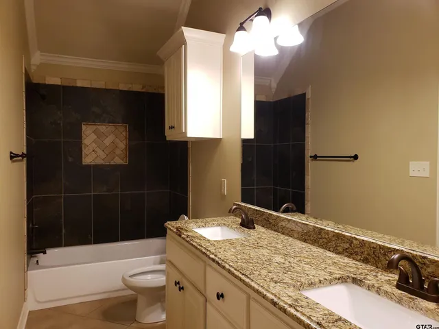 a bathroom with a sink a toilet a mirror and shower