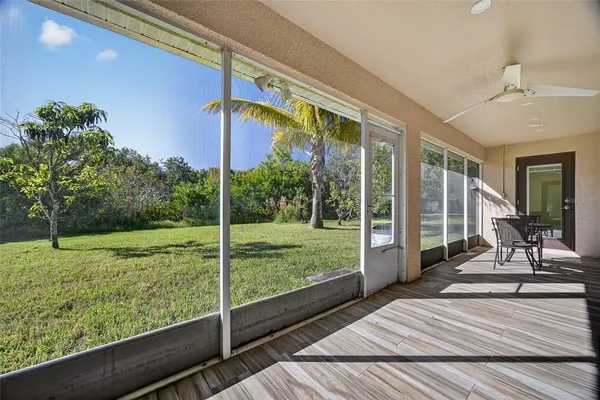 a view of a porch with a backyard