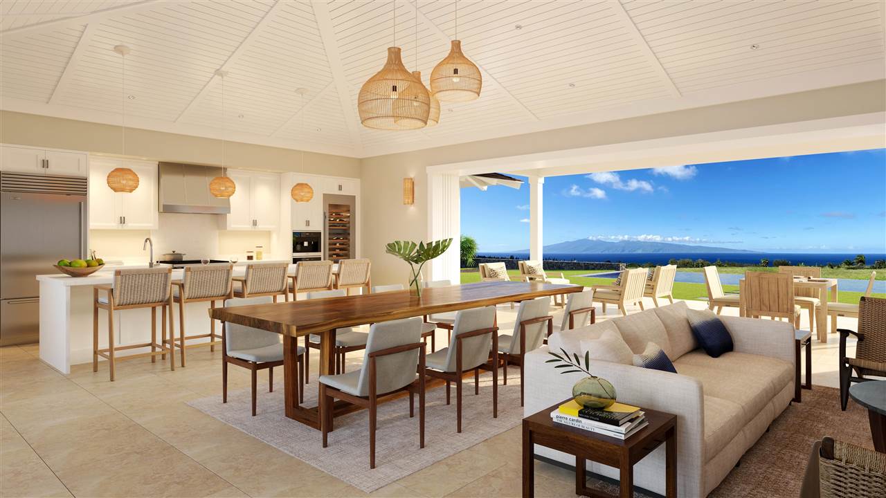 310 Mahana Ridge Street, Unit LOT 21 Lahaina, HI 96761 - Photo 3 of 5 a living room with furniture a chandelier and a dining table