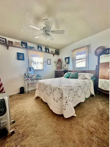 a bedroom with a bed and ceiling fan