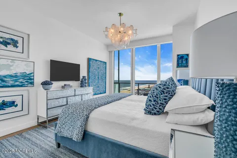 a spacious bedroom with a bed and glass window