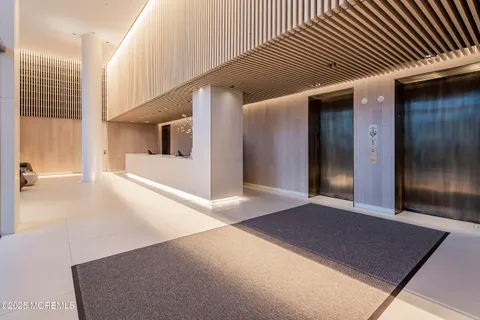 a lobby with furniture