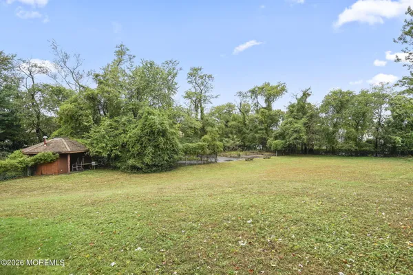 a view of a large yard with an trees