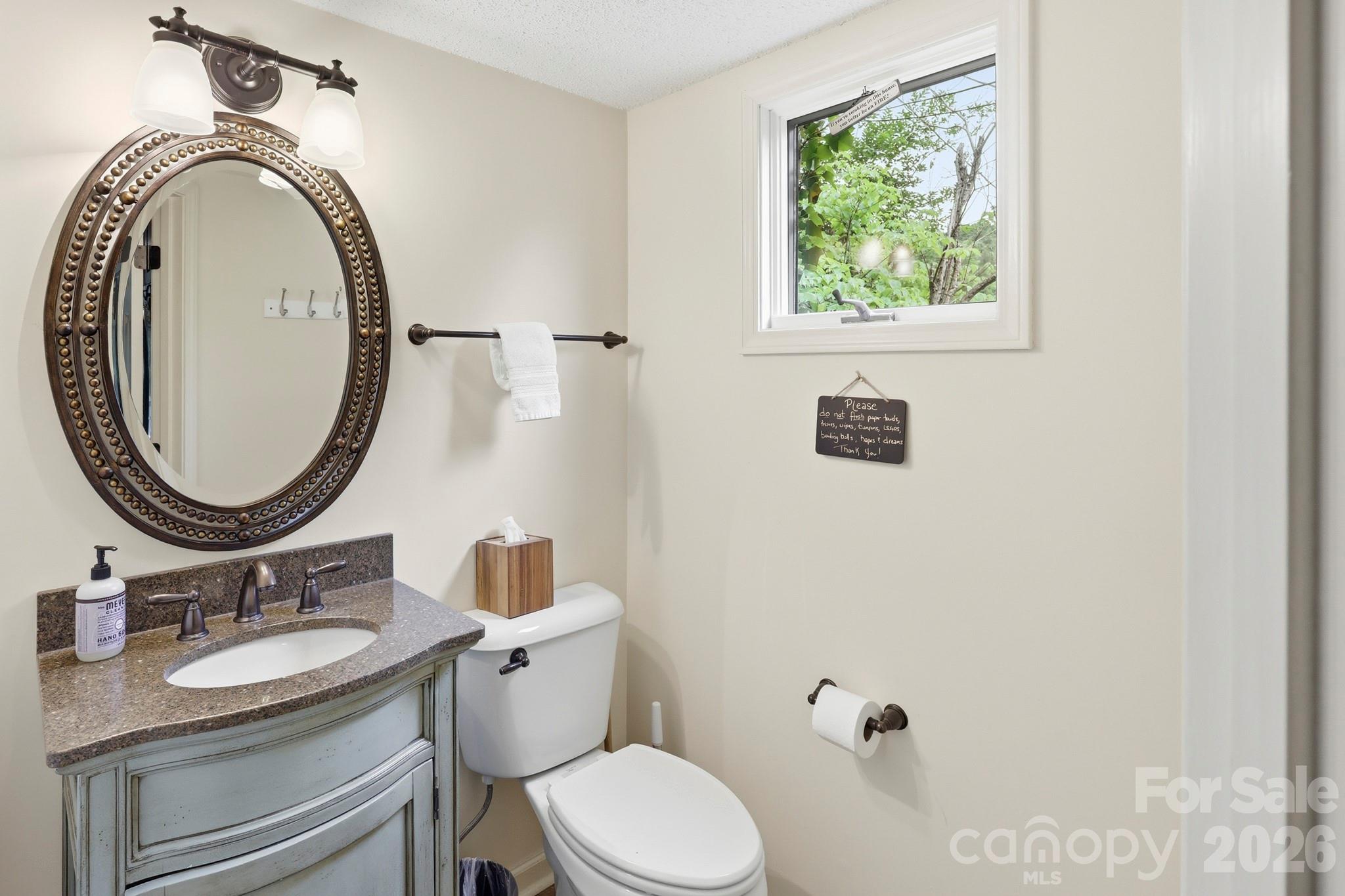 130 Edwards Point Lake Lure, NC 28746 - Photo 14 of 35 a bathroom with a granite countertop toilet sink and mirror