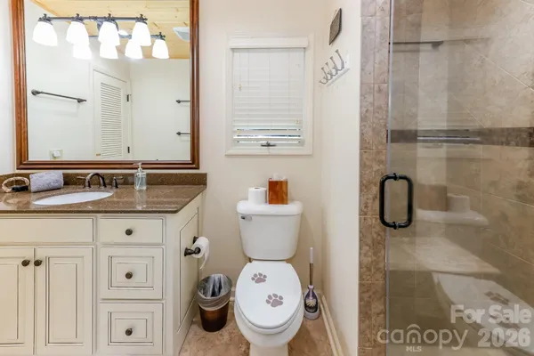 a bathroom with a granite countertop toilet sink and mirror