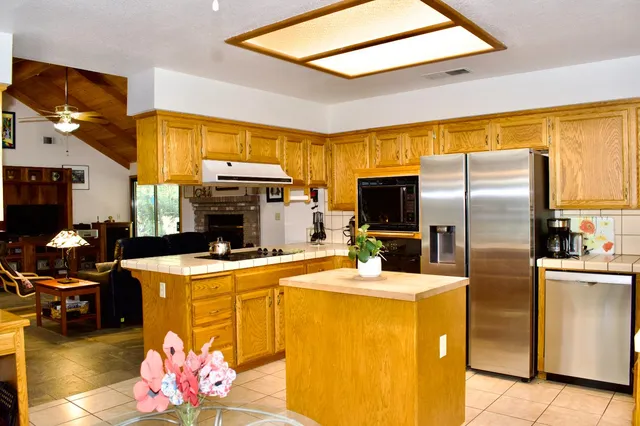 a living room with fireplace furniture and a potted plant