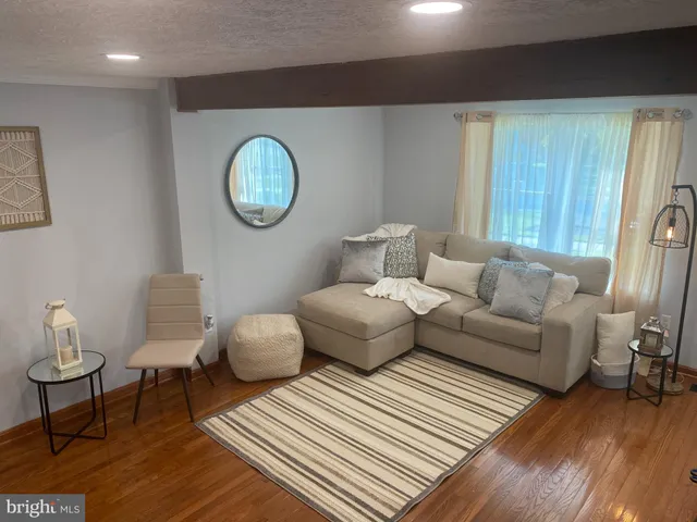 a living room with furniture a rug and a window