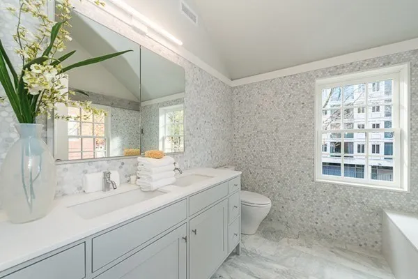 a bathroom with a double vanity sink toilet and a mirror