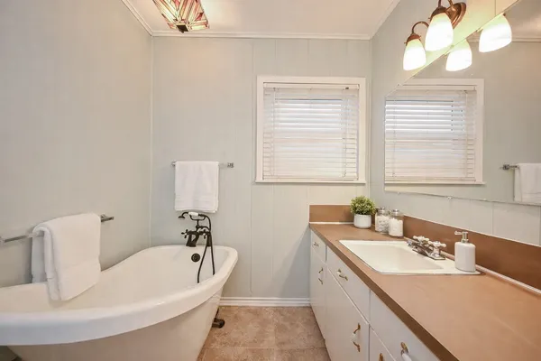 a bathroom with a tub a sink and a window