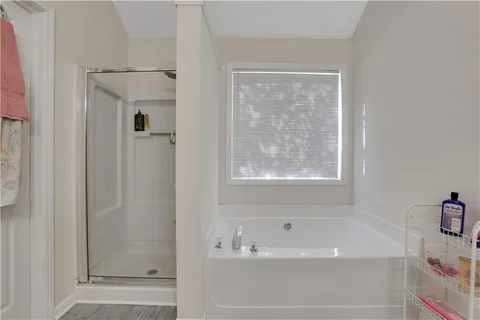 a bathroom with a bathtub and a shower