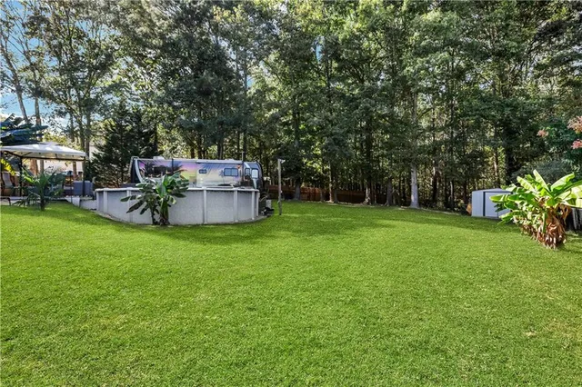 a view of a backyard with a garden and trees