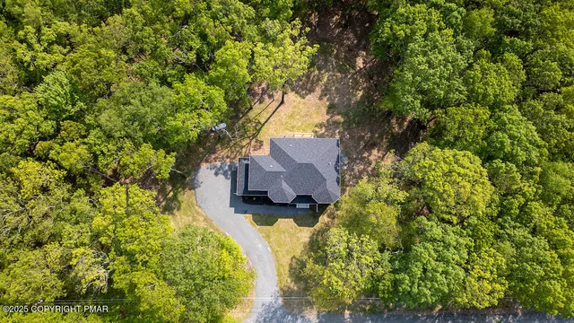 a aerial view of a house with swimming pool and large trees