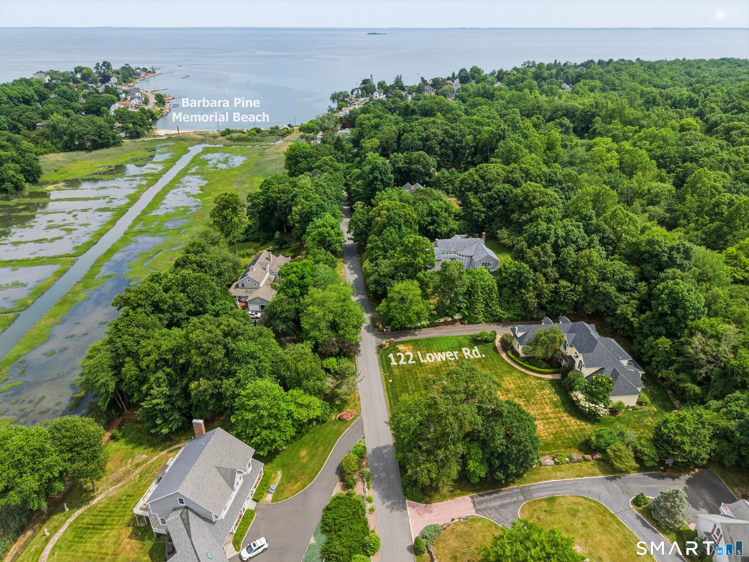 122 Lower Road Guilford, CT 06437 - Photo 1 of 40 Aerial photo shows the property's close proximity to Barbara Pine Town Beach, offering easy access to shoreline recreation, swimming, kayaking, and picturesque coastal scenery.