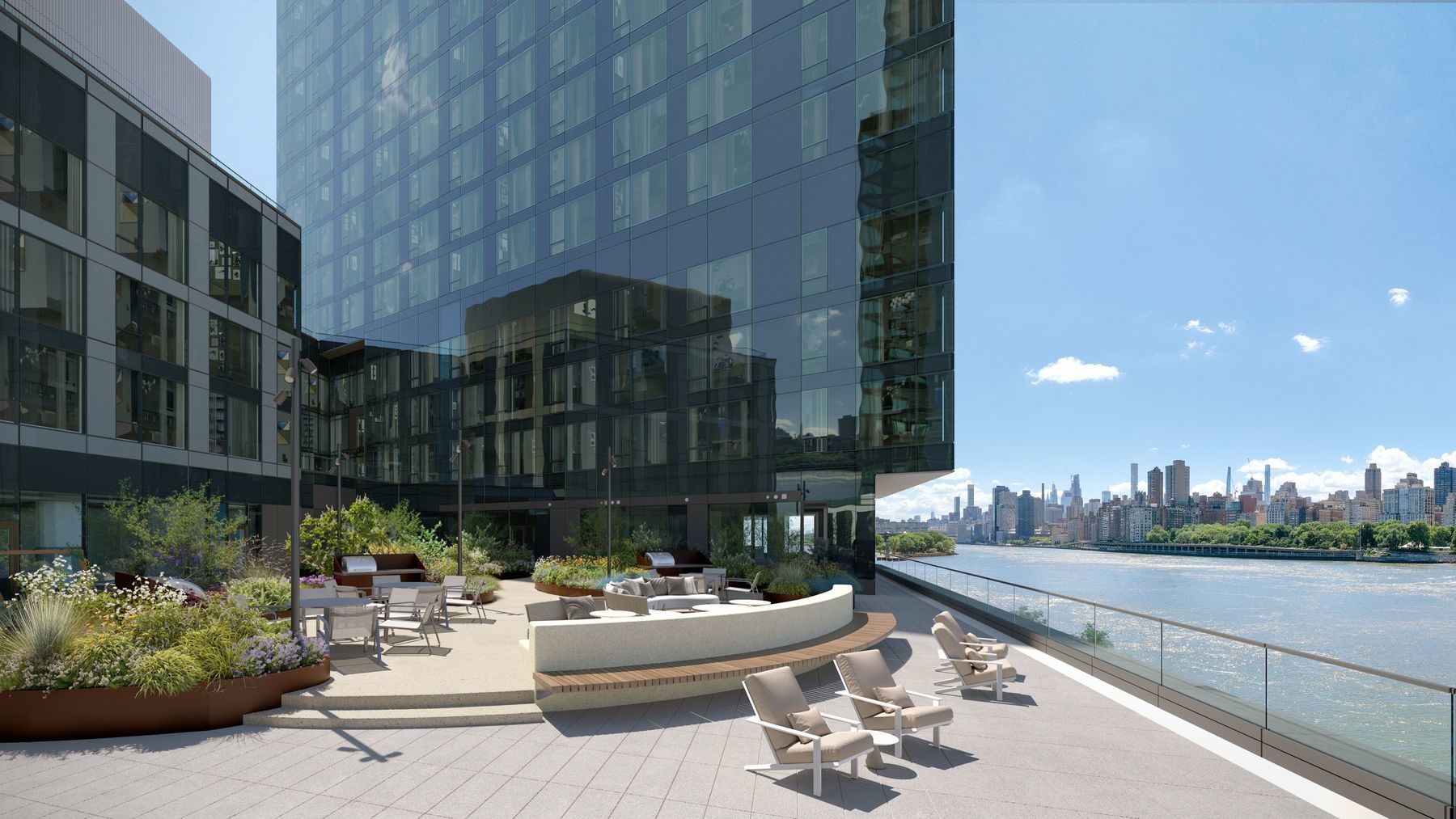 20 Halletts Point, Unit 21205 Queens, NY 11102 - Photo 27 of 46 a view of a patio with couches table and chairs and potted plants