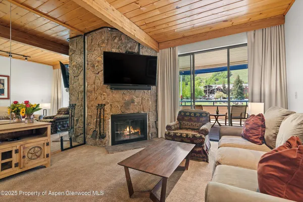 a living room with furniture a flat screen tv and a fireplace