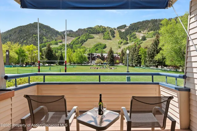a view of a chair and tables in the park