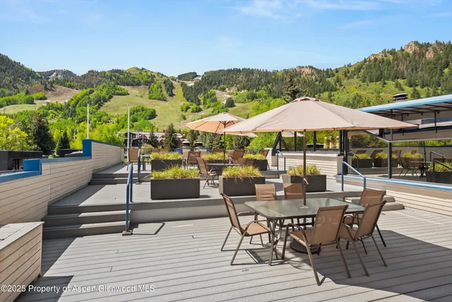 a view of a patio with a dining table and chairs under an umbrella with barbeque grill and plants