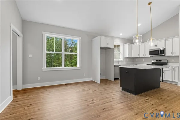 a kitchen with stainless steel appliances granite countertop a stove a sink and a microwave