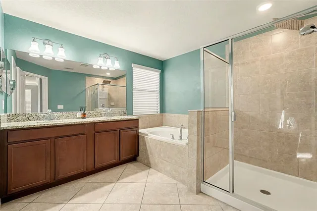 a bathroom with a tub sink shower and mirror