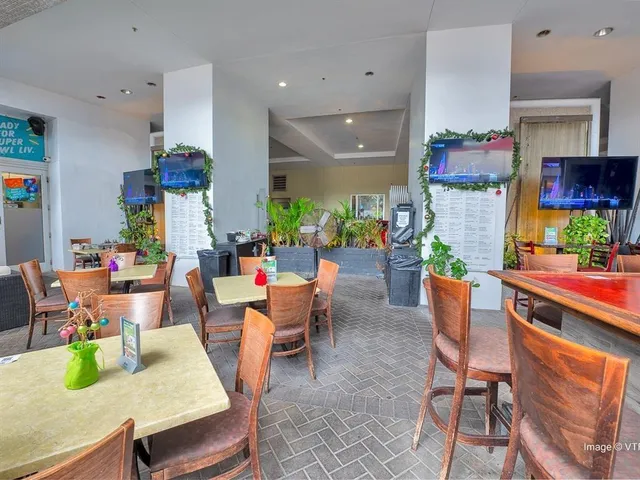 an outdoor space with furniture