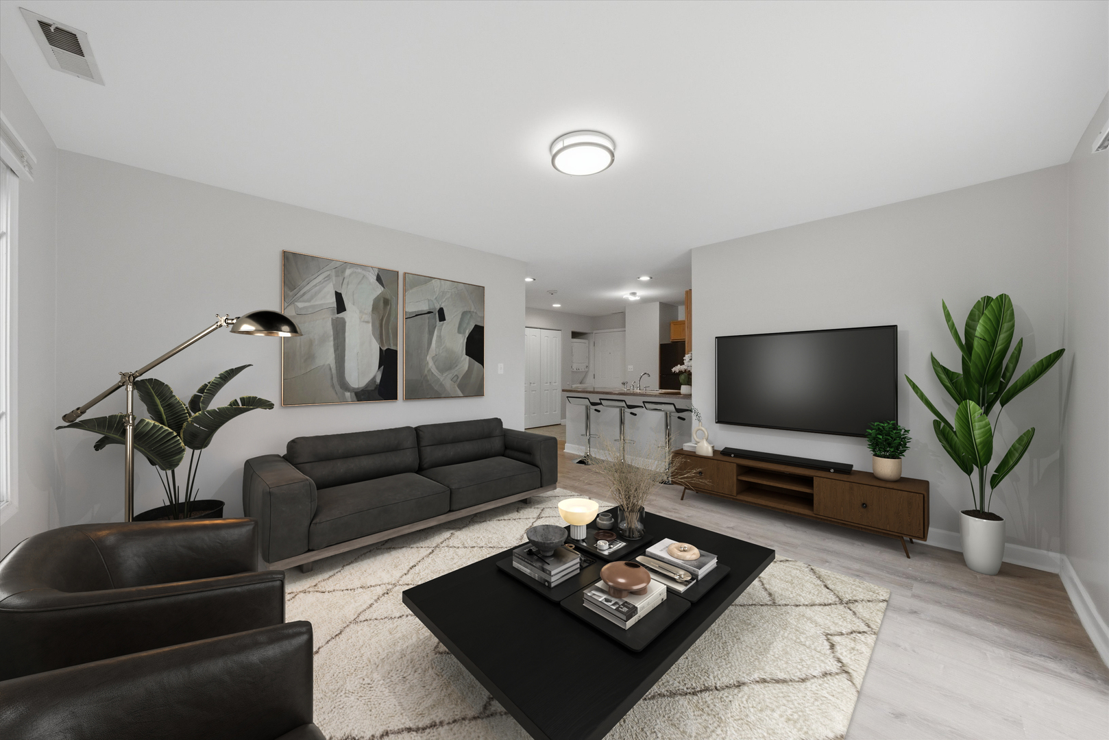 3447 Ridgeland Avenue, Unit 104 Berwyn, IL 60402 - Photo 5 of 12 a living room with furniture a flat screen tv and a potted plant