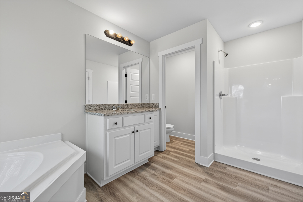 271 Mockingbird Lane, Unit 20 Winder, GA 30680 - Photo 33 of 38 a bathroom with a granite countertop sink mirror and a bathtub