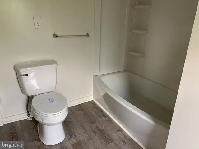 a bathroom with a toilet and a rug