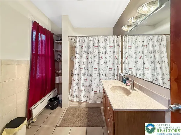 a bathroom with a sink a mirror and a shower