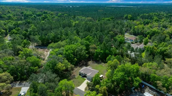 an aerial view of residential houses with outdoor space and trees
