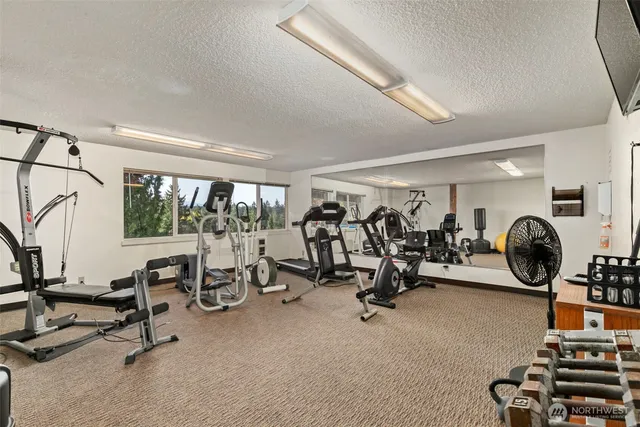 a living room with furniture and large windows
