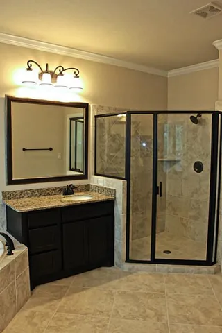 a bathroom with a sink and a mirror