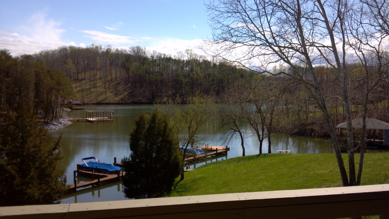 a view of a lake with a bench next to a yard