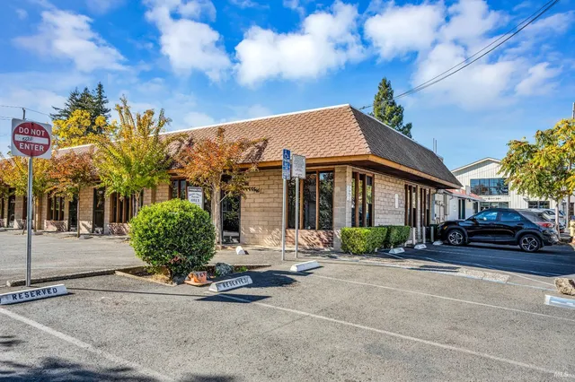 a couple of palm trees in front of a building