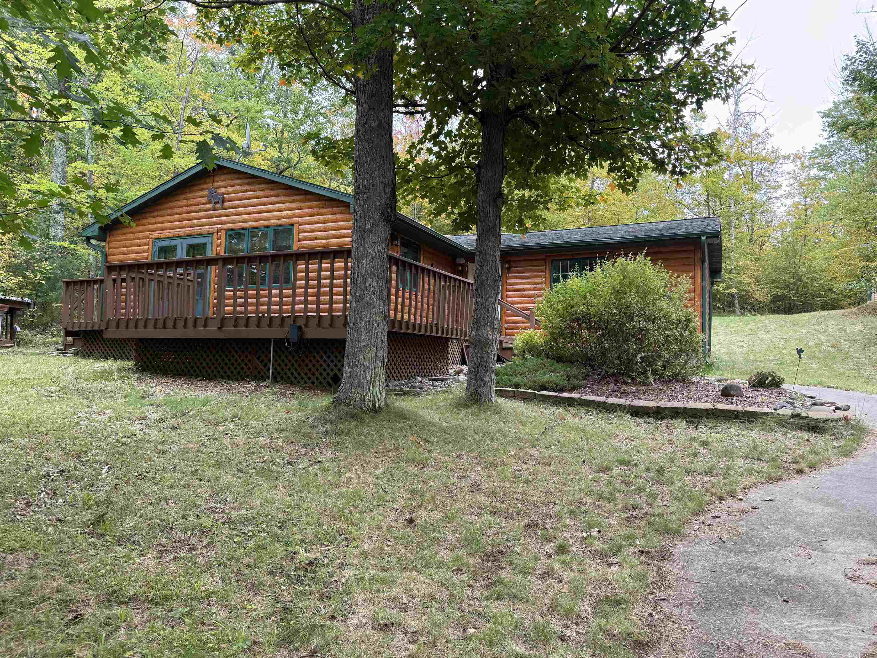 Rear view of property with a deck, faux log siding, and a yard