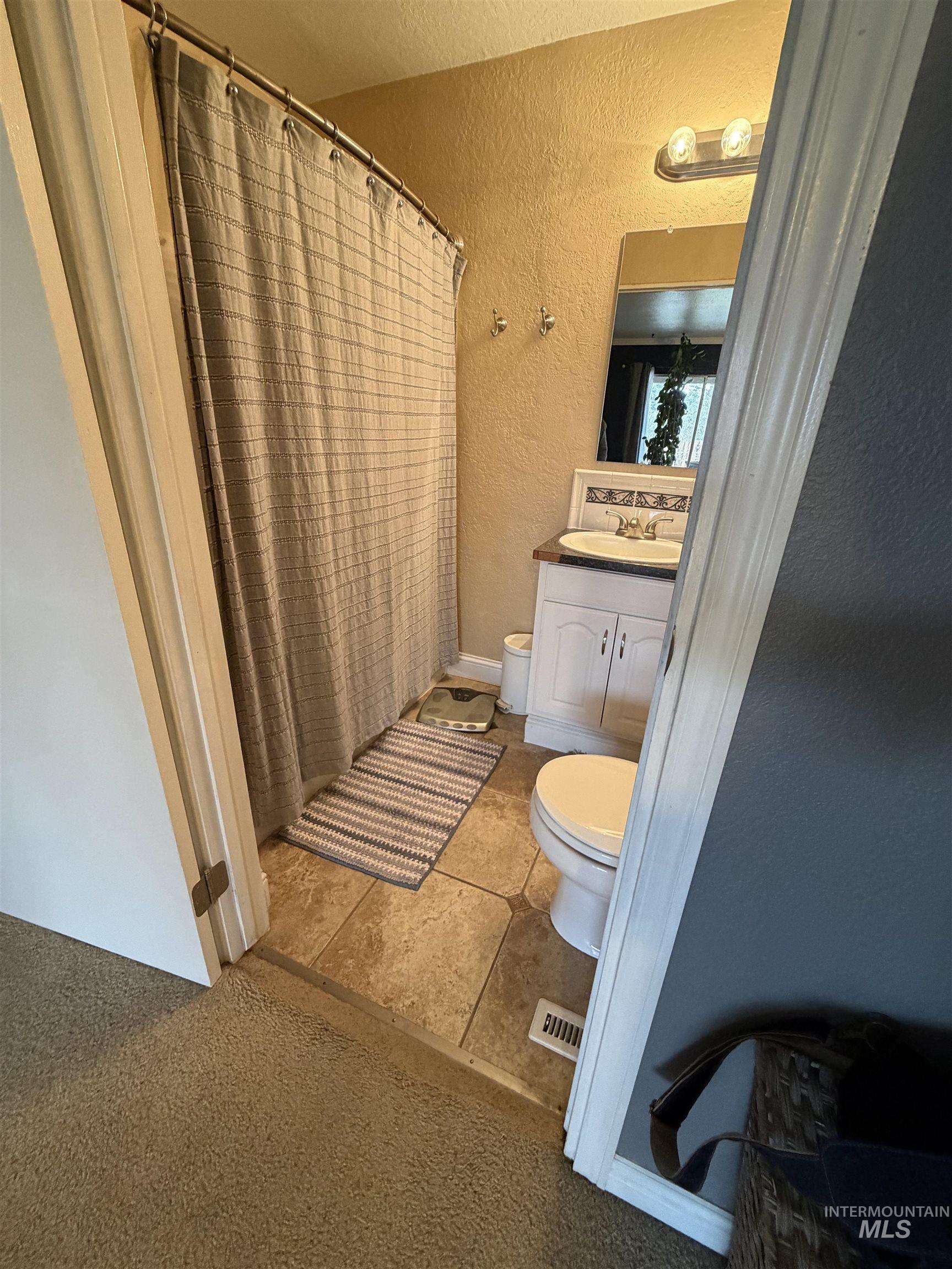 1306 Hemlock Avenue Lewiston, ID 83501 - Photo 13 of 38 Bathroom featuring a textured wall, vanity, a shower with shower curtain, and light colored carpet