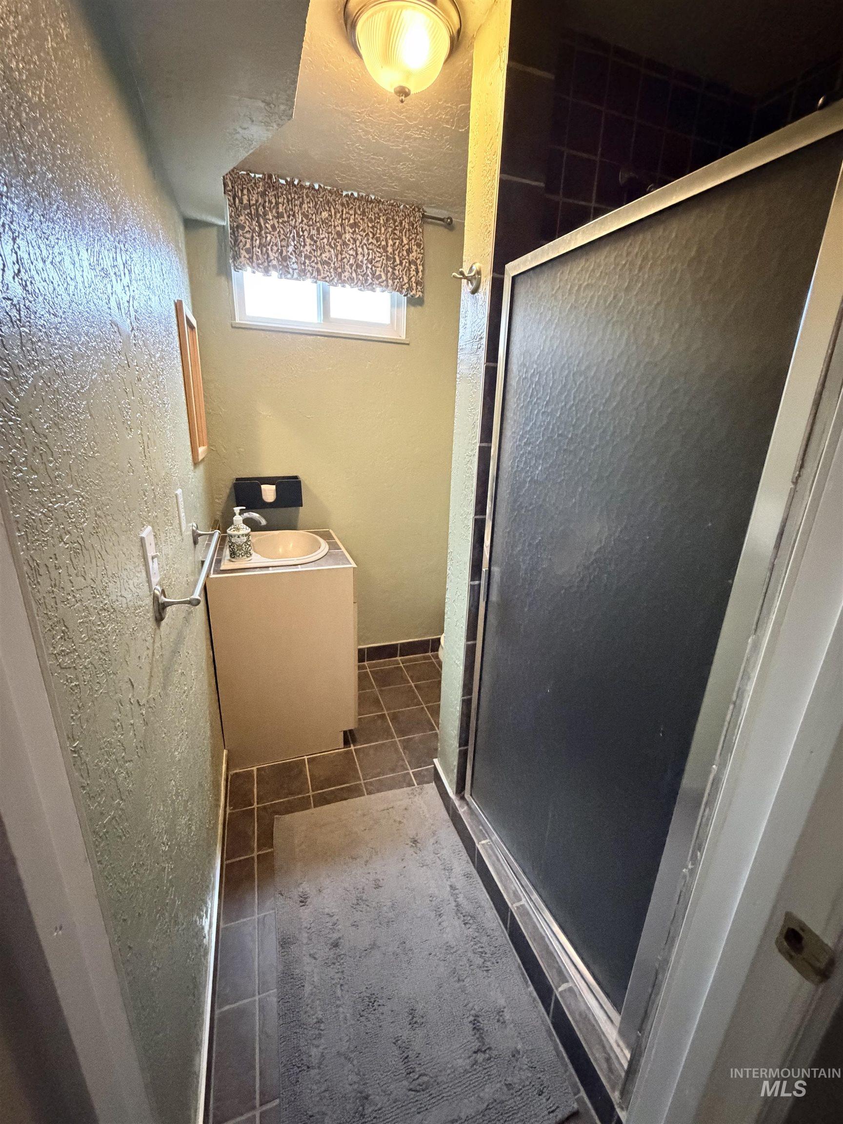 1306 Hemlock Avenue Lewiston, ID 83501 - Photo 22 of 38 Bathroom with vanity, a shower stall, a textured wall, and dark tile patterned floors