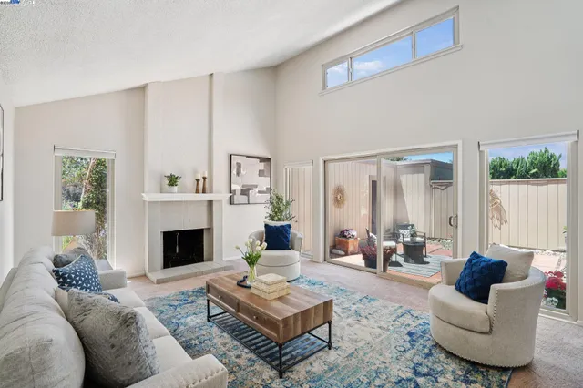 a living room with furniture or couch and a fireplace