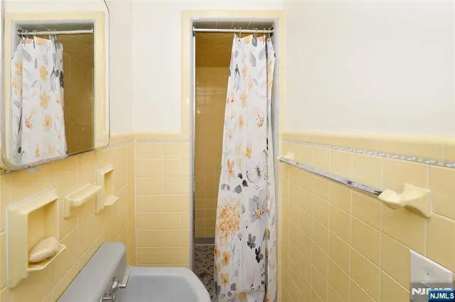 a bathroom with a shower and a toilet