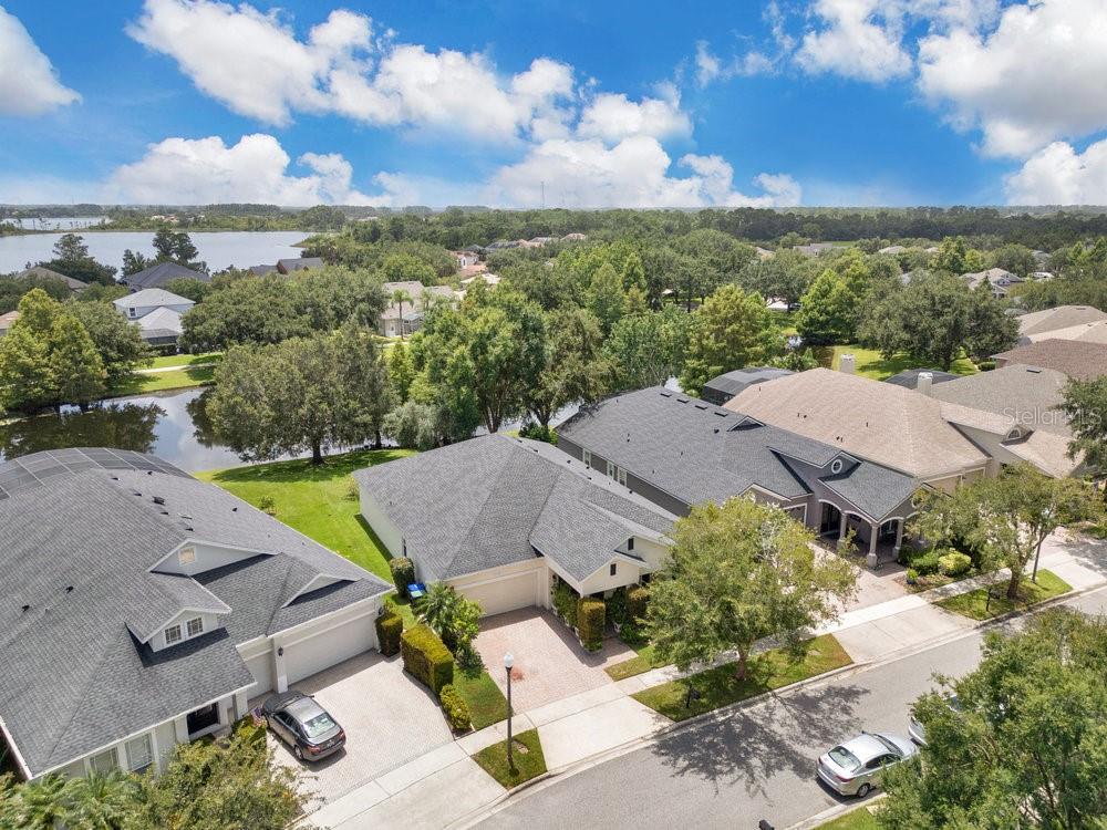 an aerial view of a house with a garden