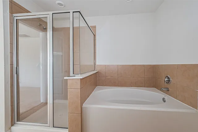 a bathroom with a shower and a bath tub