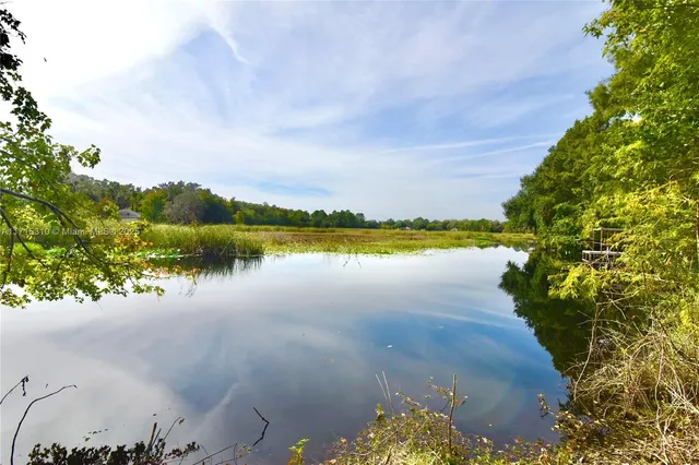 a view of a lake with houses in the back