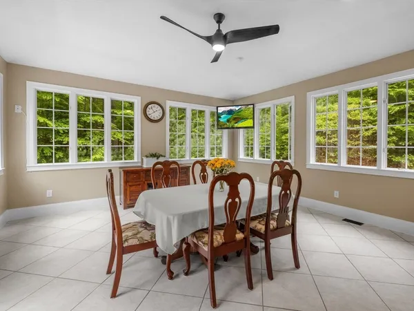 a view of a dining room with furniture window and outside view