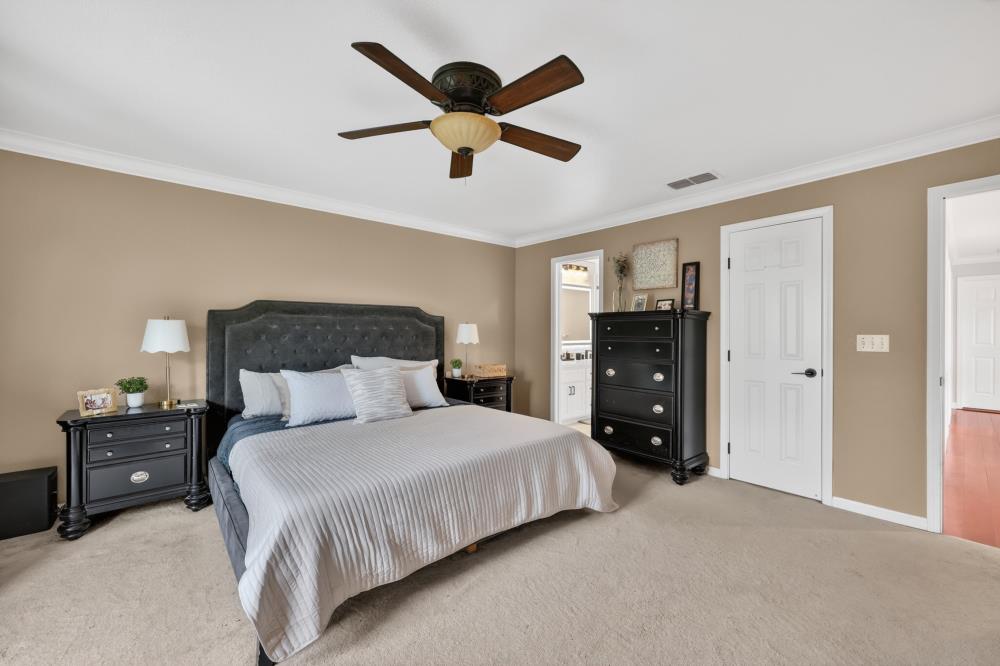 3340 Garden Bar Road Lincoln, CA 95648 - Photo 24 of 56 a bedroom with a bed and a chandelier